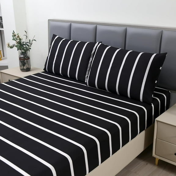 3pcs Striped Queen Bed Sheet,Black and White Pattern Microfiber Bedding Sheet Set,Hotel Quality Sheets with1 Fitted Sheet and 2 Pillowcases,14 Inches Deep (Black and White, Queen)