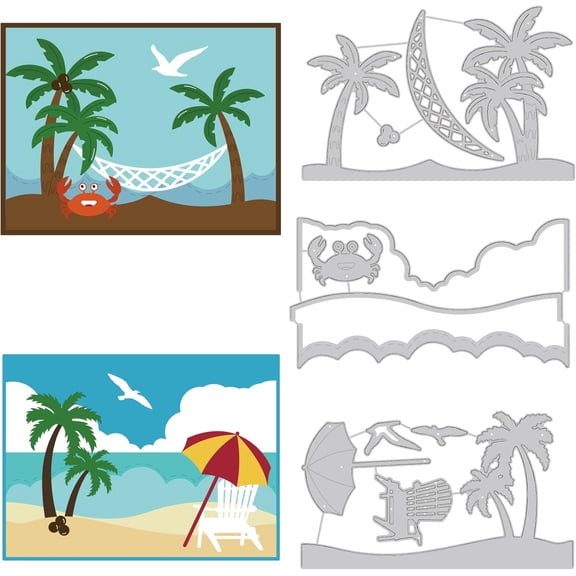 3pcs Summer Beach Dies Coconut Tree Beach Vacation Ocean Crab Carbon Steel Embossing Stencils Templates for Scrapbooking Album Photo Card Making 0.8mm Thick Silver