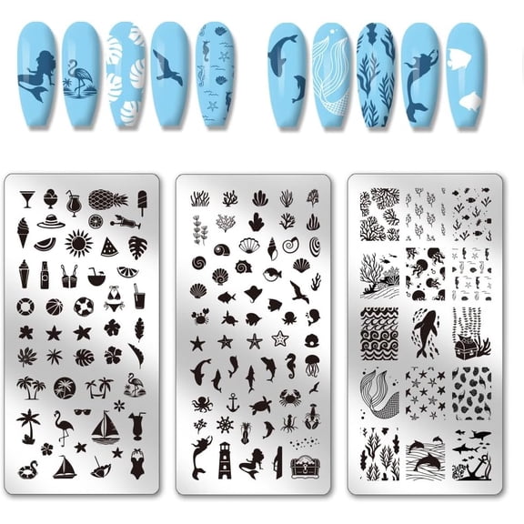 3pcs Summer Ocean Nail Stamping Plate Marine Animals Art Templates Ocean Sea Beach Nail Art Stencils Stainless Steel Image Plates DIY