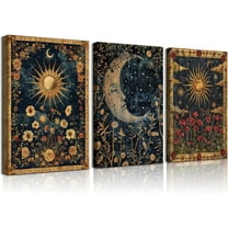 3pcs Sun and Moon Celestial Canvas Wall Art Tarot Crescent Moon Picture Wall Decor Gothic Wildflowers Painting Posters Print Artwork Aesthetic Dark Academia Vibe for Bedroom Home