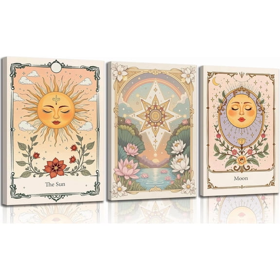 3pcs Sun And Moon Celestial Canvas wall art Tarot Astrology Paintings Pictures Wall Decor Boho Lotus Floral Posters Prints Artwork for Living Room Bedroom Dorm Apartment Home Unframed