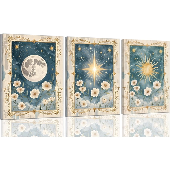 3pcs Sun And Moon Celestial Wall Art Vintage Tarot Astrology Wall Decor Painting Sun Flower And Full Moon Canvas Pictures Boho Celestial Prints Posters for Bed Room Home Decor
