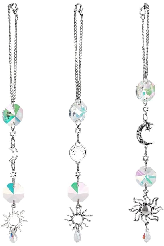 3pcs Sun Moon Star Rear View Mirror Charm Glass Alloy Car Hanging Ornaments Cute Suncatcher Car Mirror Pendant Accessories Keychain for Bag Window Door Garden Balcony Home