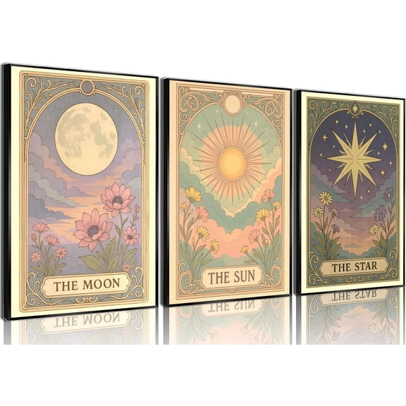 3pcs Sun and Star Celestial Canvas Wall Art Vintage Tarot Astrology Wall Decor Full Moon Lotus Poster Canvas Painting Prints for Bed Room Living Room Apartment Bath Room Study room Home