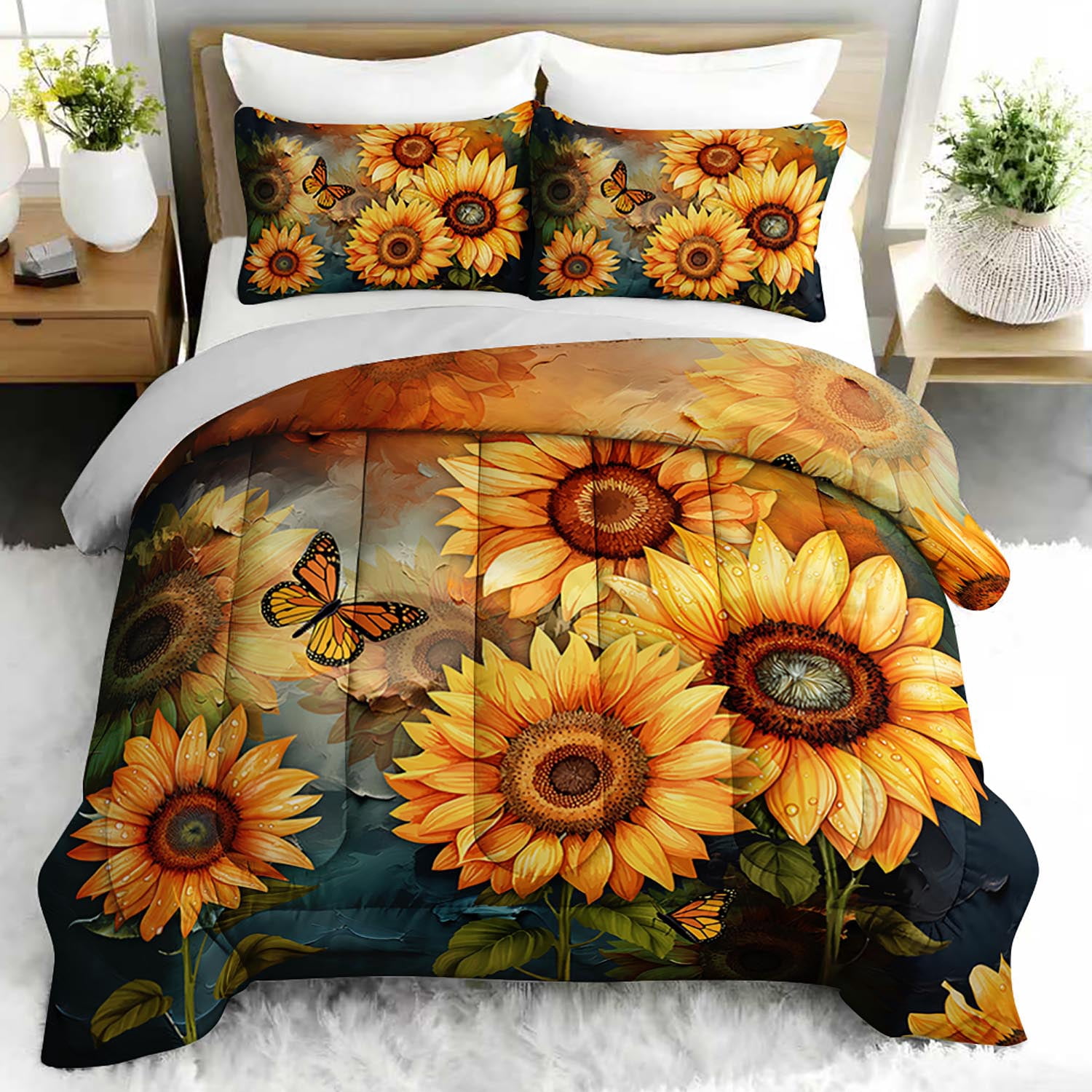 3pcs Sunflower Butterfly Comforter Set, Rustic Bedding Set for Bedroom or Guest Room Decor, All Seasons Quilt Machine Washable Duvet with 2 Pillowcases