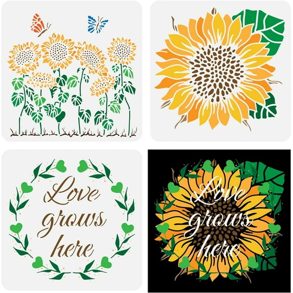 3pcs Sunflower Drawing Painting Stencils Templates Set (11.8x11.8 inch) Love Grows Here Plastic Square Reusable Stencils for Painting on WoodTile Floor Wall and Fabric White