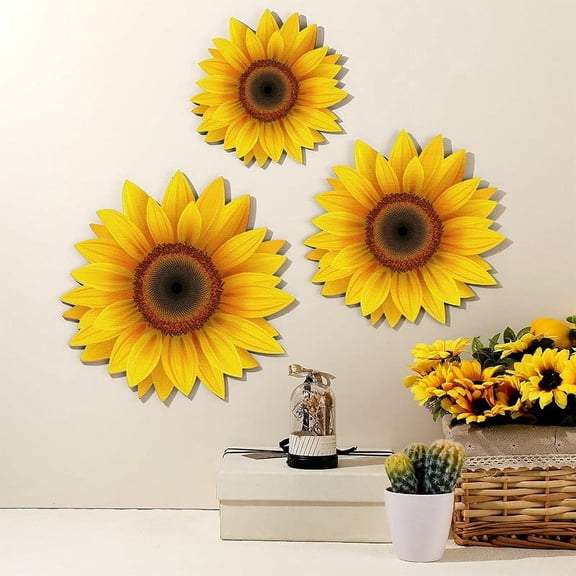 3pcs Sunflower Wooden Hanging Signs, Floral Wall Decor for Home and Kitchen, Easter Decor, Rustic Plaques with Bright Sunflower Pattern, Easy to Hang for Living Room and Dining Room, Yellow