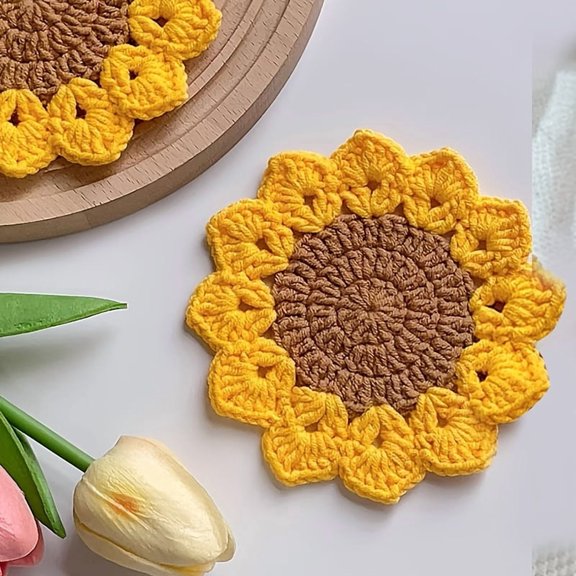 3pcs Sunflower Yarn Coasters, Handmade Woven Flower Table Coasters for Heat Insulation, Decorative Home & Kitchen Accessory, Perfect Gift