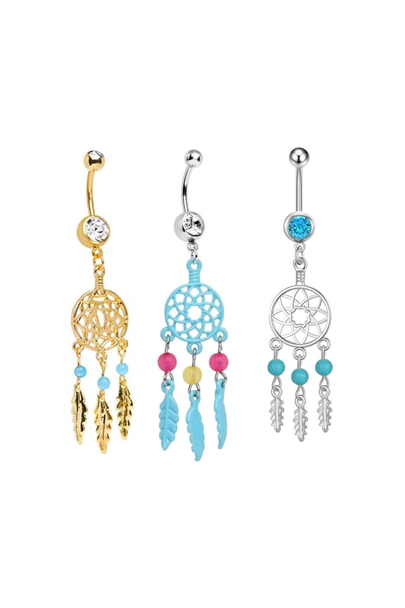 3pcs Surgical Steel 14G Dangle Dream Catcher Belly Button Rings Women Dangling CZ Curved Barbell Navel Rings