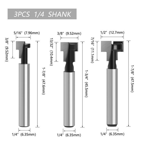 3pcs T Slot Router Bit Keyhole Router Bit Set Cut Diameter Woodworking Tool