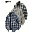 thumbnail image 1 of 3pcs TNZI Men's casual checked shirt jacket set, Spring and autumn lapel non-elastic outdoor men's fashionable button versatile shirt jacket, Men's loose long-sleeved comfortable jacket jacket, 1 of 10