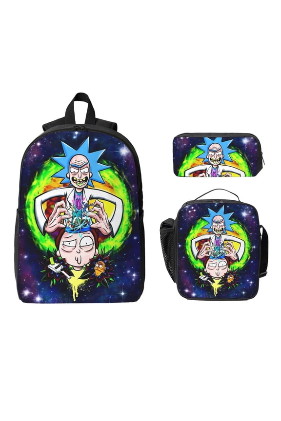3pcs Teenager Anime Cartoon Cartoon Rick And Morty 17inch Daypack With Lunch Box And Pencil Case, Casual Large Capacity College Laptop Bag Schoolbag Travel Gifts