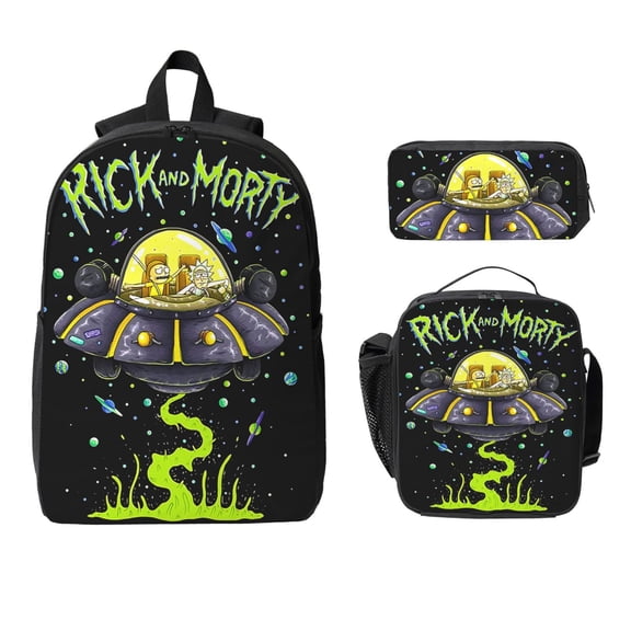 3pcs Teenager Anime Cartoon Cartoon Rick And Morty 17inch Daypack With Lunch Box And Pencil Case, Casual Large Capacity College Laptop Bag Schoolbag Travel Gifts