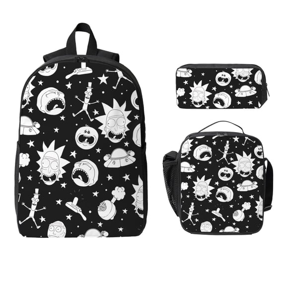 3pcs Teenager Anime Cartoon Cartoon Rick And Morty 17inch Daypack With Lunch Box And Pencil Case, Casual Large Capacity College Laptop Bag Schoolbag Travel Gifts