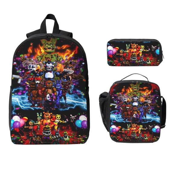 3pcs Teenager Anime Cartoon Five Nights At Freddy'S 17inch Daypack With Lunch Box And Pencil Case, Casual Large Capacity College Laptop Bag Schoolbag Travel Gifts