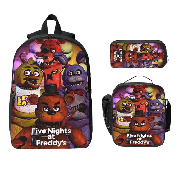 3pcs Teenager Anime Cartoon Five Nights At Freddy'S 17inch Daypack With Lunch Box And Pencil Case, Casual Large Capacity College Laptop Bag Schoolbag Travel Gifts
