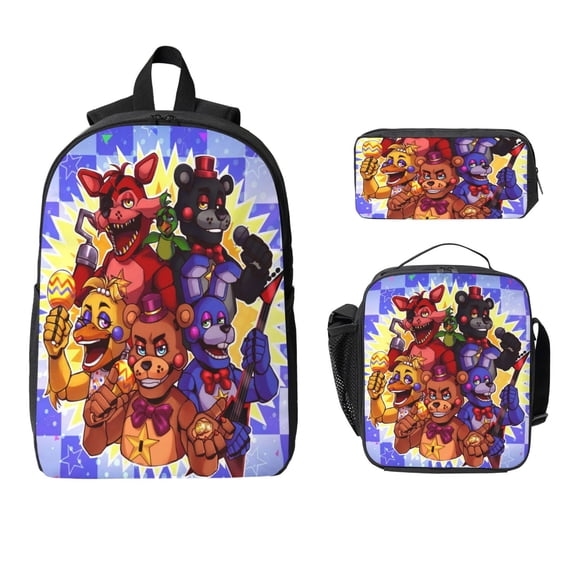 3pcs Teenager Anime Cartoon Five Nights At Freddy'S 17inch Daypack With Lunch Box And Pencil Case, Casual Large Capacity College Laptop Bag Schoolbag Travel Gifts
