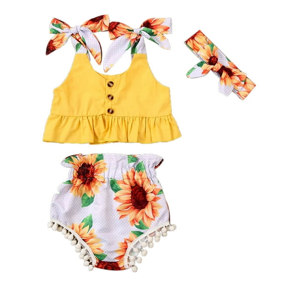 3pcs Toddler Kids Baby Girls Ruffle Crop Tops Sunflower Shorts Headband Outfit Set