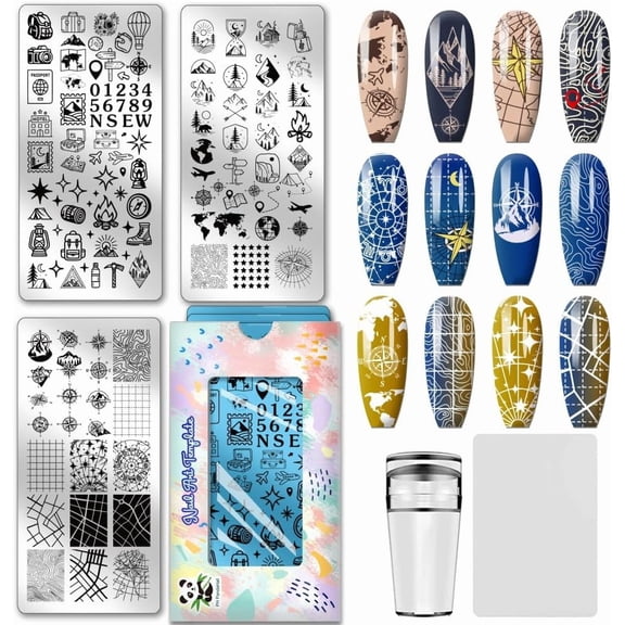 3pcs Travel Pattern Nail Stamp Plate Compass Map Pattern Print Art Template Stainless Steel Nail Image Plate Travel Theme Nails Art Stencils