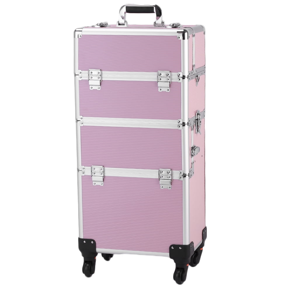 3pcs Trolley-Style Makeup Case with Universal Wheels Aluminum Alloy Cosmetic Trolley Case, Pink 14.2*9.4*41in