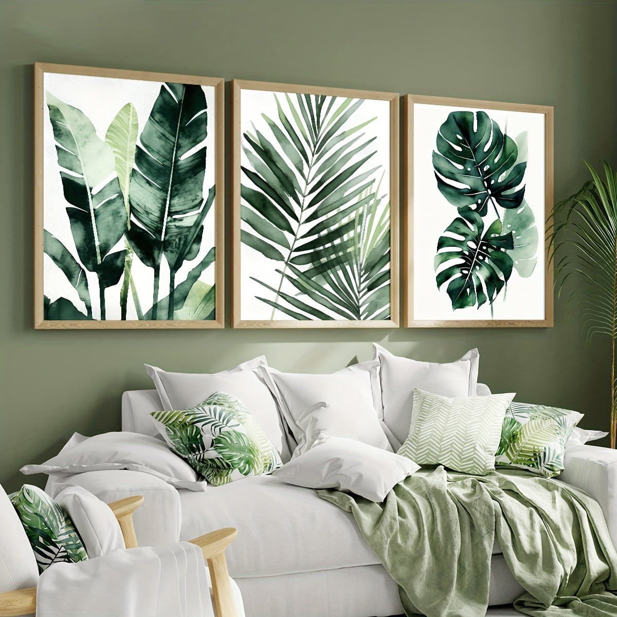 3pcs Tropical Plant Watercolor Wall Art Set - Palm & Monstera Leaves ...