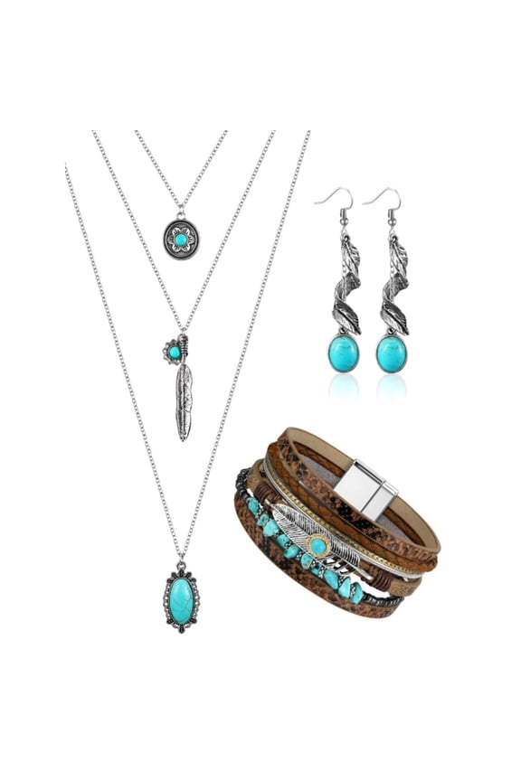 3pcs Turquoise Jewelry Set, Women Choker Necklace Large Retro Earrings, Ladies Multi-layer Faux Leather Bracelet, Fashion Western Bohemian Jewelry Set