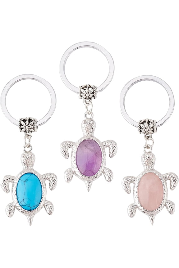 3pcs Turtle Keychains Natural Amethyst Rose Quartz Keychains Alloy Turquoise Sea Turtle Keyrings