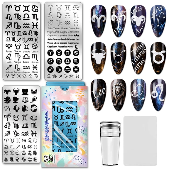 3pcs Twelve Zodiac Nail Stamping Plates Constellation Nail Art Templates Zodiac Sign Text Nails Design Stamp Celestial Pattern Nails Art Stencils DIY