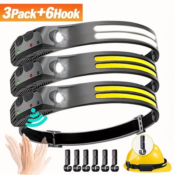 3pcs USB Rechargeable Headlamp with 6 Hooks, 230° Wide Beam, Motion Sensor COB & LED, 5 Light Modes, Hard Hat Compatible, for Work & Camping