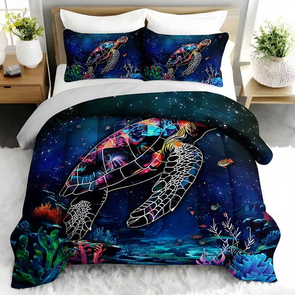 3pcs Underwater Turtle Comforter Set, Ocean Sea Life Bedding Set for Bedroom or Guest Room Decor, All Seasons Quilt Machine Washable Duvet with 2 Pillowcases