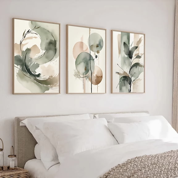 3pcs Unframed Abstract Botanical Green Leaf Japanese Wall Art Canvas Print - Minimalist Wabi Sabi Retro Painting, Modern Home Decor for Living Room, Bedroom, Bedroom Artwork | Minimalist Design | In