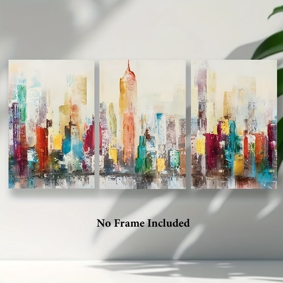 3pcs Unframed Abstract Colorful City Skyline Canvas Posters - Modern Wall Art for Home, Office, Bar, Cafe, Classroom, Dormitory - Ideal for Easter, Mother'S Day, Graduation Gifts, Versatile Wall Dec
