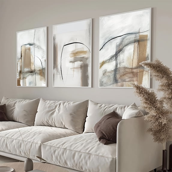 3pcs Unframed Beige and Grey Canvas Paintings Abstract Watercolor Posters and Prints Modern Minimalist Wall Art Pictures Living Room Bedroom Office Corridor Decor No Frame