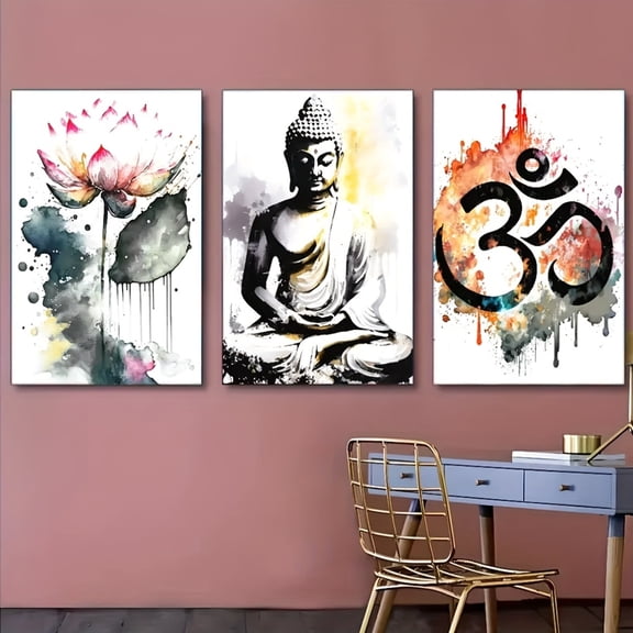 3pcs Unframed Canvas Posters - Buddha, Zen & for Lotus Art Wall Decor for Home, Bar, Cafe, Dorm - Frameless Modern Minimalist Prints with Vibrant Colors, Zen Home Decor, Bar Decoration, Abstract Des