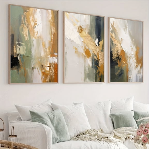 3pcs Unframed Green Golden Abstract Art Canvas Poster Modern Gallery Art Abstract Retro Painting Print Home Living Room Wall Decoration