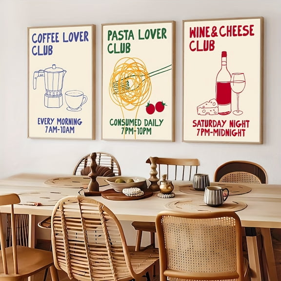 3pcs Unframed Hand-drawn Kitchen Prints, Moka Pot Coffee Print, Pasta Lover Poster, Wine and Cheese Print, Gourmet Painting, Nostalgic Retro Simple Restaurant Kitchen Wall Art Decoration