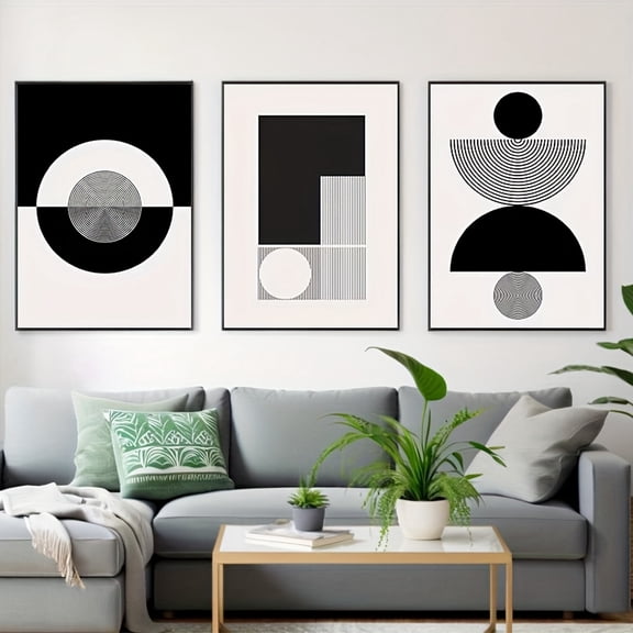 3pcs Unframed  Modern Abstract Geometric Black and White Canvas Painting Wall Art for Living Room Interior Decoration, 2D Flat, Rectangular Wall Decor, Extra Large Canvas Wall Art, Large Wall Art Ca