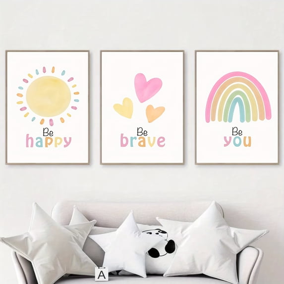 3pcs Unframed Modern Cartoon Sun, Love, Rainbow Canvas Wall Art - Waterproof, Vibrant Youngsters Room Decor, Creative Gift for Boys and Girls, Inspirational Messages, Perfect for Bedroom or Playroom