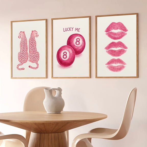 3pcs, Unframed, Retro 8 Ball Poster, Trendy Kiss Lips Print, Pink Cheetah Print, Pink Wall Art, Preppy Aesthetic Dorm Room Decor, Wall Decor, Canvas Art for Living Room, Bedroom, Kitchen, Home Offic