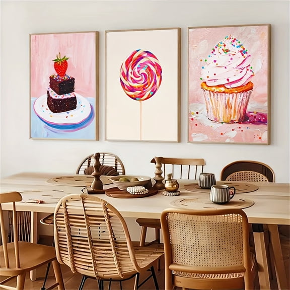 3pcs Unframed Retro Pink Food Dessert Cupcake Poster Canvas Painting Wall Art Pictures Kitchen Cafe Bar Dessert Shop Home Decor No Frame