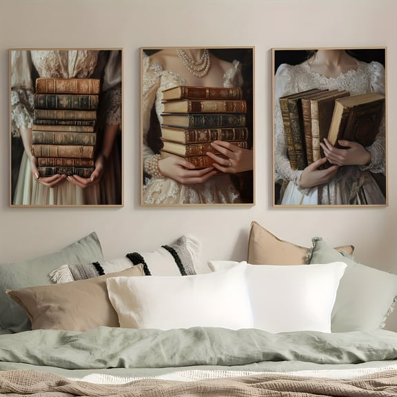 3pcs Unframed Victorian Woman with Book-Baroque Posters, Goth Moody Dark Academia Art Canvas Painting, Waterproof Canvas Wall arts, Artwork Wall Painting for Gift, Ornament for Living Room, Bedroom,