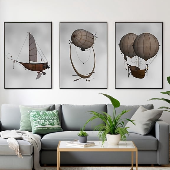3pcs Unframed Vintage Home Decor Montgolfier Retro Steampunk Airship Canvas Painting Wall Art Photo Poster for Modern Living Room, Frameless Pieces, 2D Flat, Home Decoration, Classic Artwork, Steamp