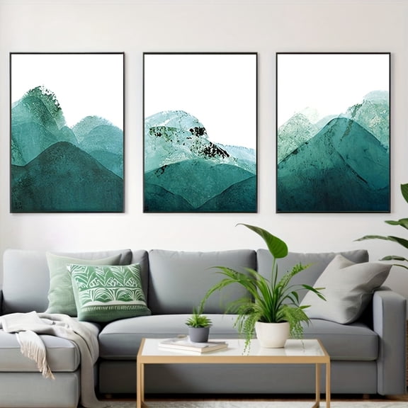 3pcs Unframed Yooyu New Chinese Style Abstract Landscape Painting Green Mountains Poster Canvas Wall Art Living Room Decor with Frame, 2D Flat, Rectangular Wall Decor, Interior Design, Home Decorati