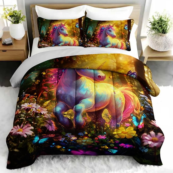 3pcs Unicorn Comforter Set, Enchanted Forest Bedding Set for Bedroom or Guest Room Decor, All Seasons Quilt Machine Washable Duvet with 2 Pillowcases