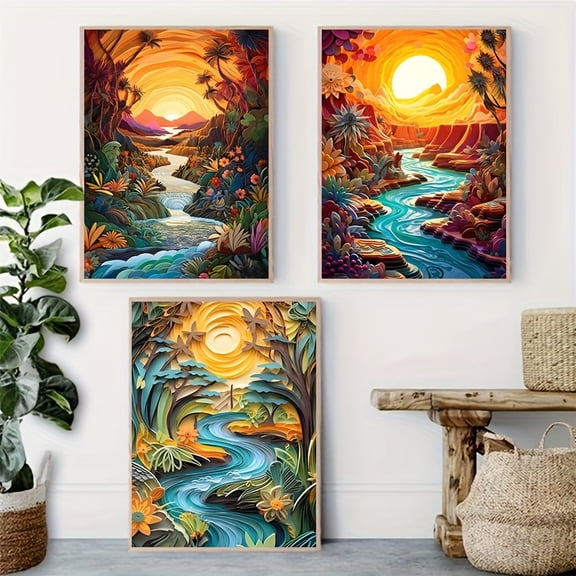 3pcs Vibrant Abstract Sunset Canvas Art Prints - Waterproof, Unframed Wall Decor for Living Room, Bedroom, Office, and Cafe - Featuring Lush Greenery and Serene River Scene, Living Room Decor|Vibran
