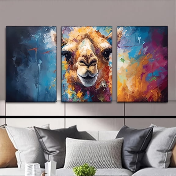 3pcs Vibrant Alpaca Canvas Art Set - Unframed, Colorful Abstract Close-Up of Llama - Ideal for Modern Living Room, Office, Cafe Decor - Great Gift for Birthdays, Holidays, Valentine's Day, Library A