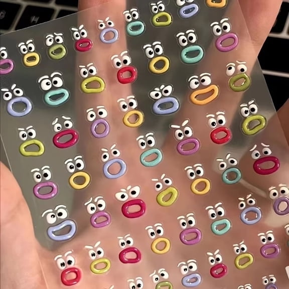 3pcs Vibrant Cartoon Monster Face Nail Art Stickers - Self-Adhesive Semi-Gloss Decals for Creative DIY Manicure & Pedicure