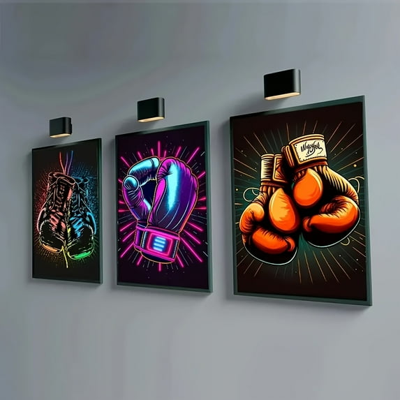 3pcs Vibrant Neon Boxing Gloves Canvas Art Set - Frameless, Colorful Modern Wall Decor for Living Room, Bedroom, Home Office - Eye-Catching Sporty Gym & Bar Aesthetic