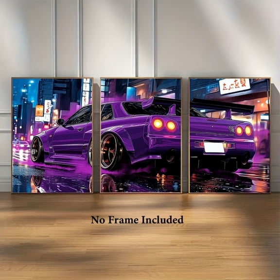 3pcs Vibrant Purple Car Canvas Art Prints - Unframed, Classic Neon Street Scene Wall Decor for Home, Office, Bar, Classroom - Ideal for Spring Festivals, Easter, Mother'S Day, Graduation Gifts, Car