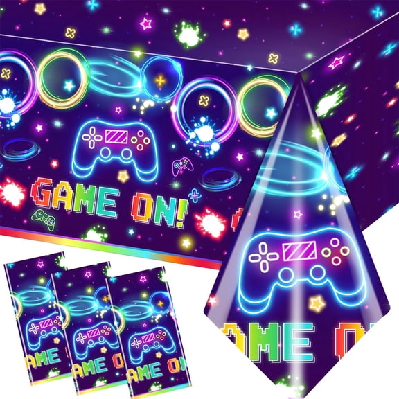 3pcs Video Game Table Cloth Game On Neon Gaming Birthday Tablecloths for Kids Boys Girls Video Game Party Decorations Favors Gaming Party Table Covers Supplies